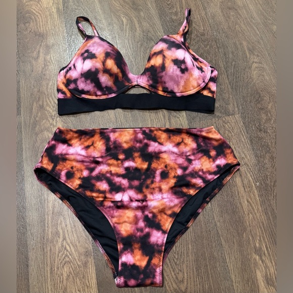 PINK Active Sport High Waist Push Up Bikini Pink Black Tie Dye Size XL - Picture 3 of 15